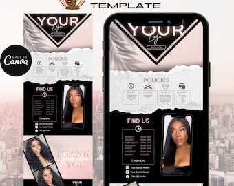 May include: A black and pink mobile phone screen mockup with a template for scheduling appointments. The template includes a logo placeholder, a section for policies, and a section for business hours. The phone is on a pink and white background with a city skyline in the background.