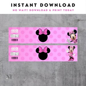 Puede incluir: Etiquetas imprimibles para botellas de agua con tem&aacute;tica de Minnie Mouse en rosa, con lunares y un dise&ntilde;o de lazo. Las etiquetas presentan el texto "Minnie Mouse" y "Descarga instant&aacute;nea". Incluye una ilustraci&oacute;n del personaje de Minnie Mouse.