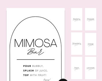 Może przedstawiać: Drukowana tabliczka na bar z mimosami z czarnym łukiem i tekstem "Mimosa Bar". Tabliczka zawiera również instrukcje do robienia mimos: "Wlej szampana, dodaj odrobinę soku, udekoruj owocami!" i tekst "Smacznego!" Tabliczka jest przeznaczona do wydrukowania i użycia na imprezie lub wydarzeniu.