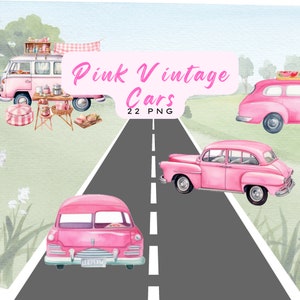 Rosa Oldtimer Car ClipArt, Retro Auto Clipart, Oldtimer, Pink Auto, Aquarell Pink Clipart, Rosa Hochzeitsauto, Auto ClipArt