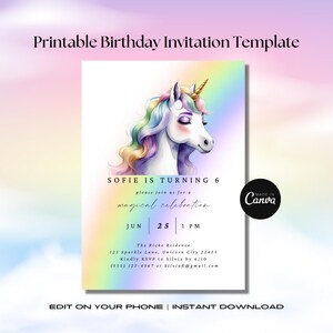 Unicorn Birthday Invitation, Pastel Unicorn, Rainbow Unicorn Sparkles and Gold Invitation, 1st Birthday Girl, Pastel Invite Printable