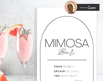 Może przedstawiać: Drukowana tabliczka z czarnym łukiem i tekstem "MIMOSA Bar" w czerni i bieli. Tabliczka zawiera również instrukcje do robienia mimosa: "POUR BUBBLY, SPLASH OF JUICE, TOP WITH FRUIT!" i słowo "Enjoy!" napisane kursywą.