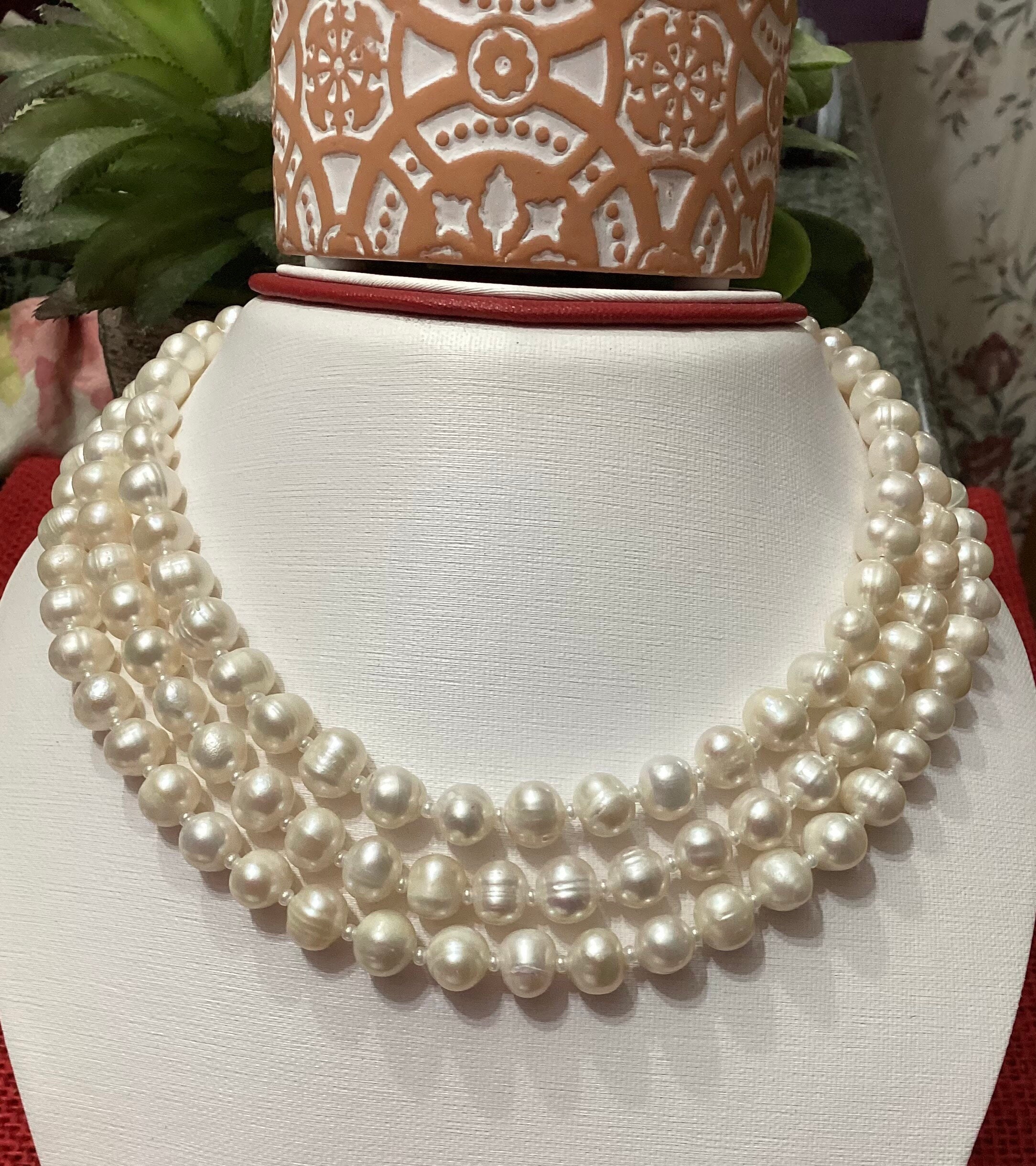 Victorian Pearl Necklace Earrings Set Vintage Style 3 Multi Strands Crystal  Pearls in Ivory or White and Silver or Gold Wedding Jewelry Gift 