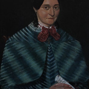 19th Century Oil Portrait of a Lady with Braids in Green