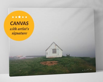 Minimalist Rustic White Lonely Cabin Photography Print, Iceland Foggy Landscape Canvas Wall Art Prints, Nordic Country Home Decor