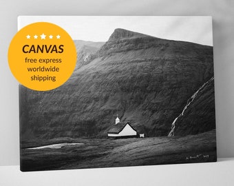 Nordic Black And White Mountain Church Landscape Fine Art Photography Canvas Print