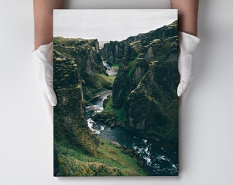 Nordic Green Canyon Landscape Canvas Wall Art, Icelandic Fine Art Photography Print