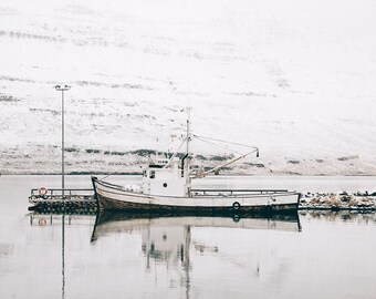 Nordic Minimalist Nautical Marine Winter Wall Decor, Old Fishing Boat in Iceland, Fine Art Photography Print