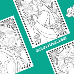 May include: Black and white printable art featuring three illustrations of women in ornate attire, surrounded by floral and cloud motifs. The word "PRINTABLE" is displayed in a green banner. A printer icon is in the upper right corner.