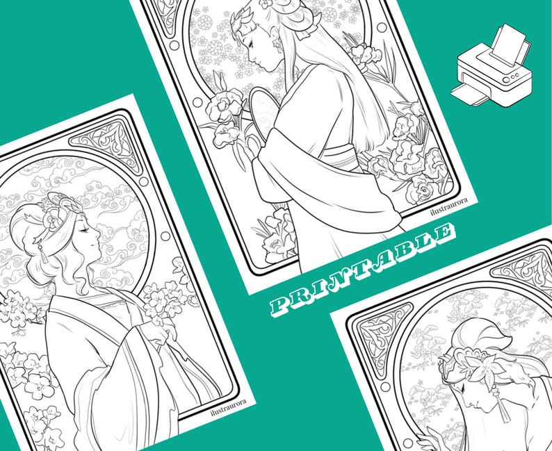 May include: Black and white printable art featuring three illustrations of women in ornate attire, surrounded by floral and cloud motifs. The word "PRINTABLE" is displayed in a green banner. A printer icon is in the upper right corner.
