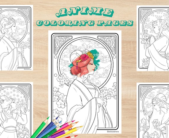 Anime Coloring Pages Set – Art Nouveau Concubines – Digital Download – The Apothecary Diaries Inspired - NOT AI