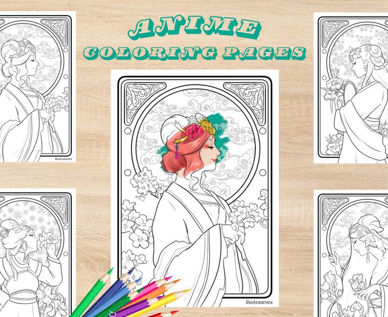 May include: Anime coloring pages featuring elegant anime women in Art Nouveau style frames. The central image shows a woman with pink hair and floral headwear. Colored pencils are visible at the bottom. The text "Anime Coloring Pages" is at the top.