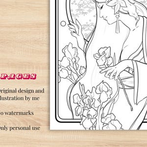 May include: Black and white line art illustration of a woman in a flowing gown, surrounded by irises. The image includes text that reads "2 pages", "Original design and illustration by me", "No watermarks", and "Only personal use".