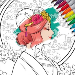 May include: A coloring page featuring a woman with pink hair and a traditional hairstyle, adorned with a pink flower and gold accents. The image is partially colored with markers, showcasing a teal background and a selection of colorful markers.