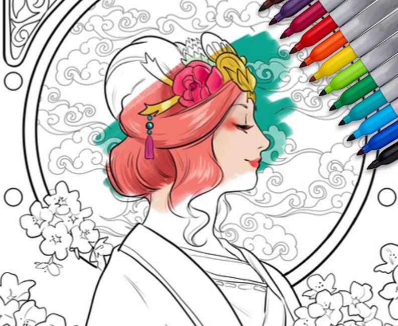 May include: A coloring page featuring a woman with pink hair and a traditional hairstyle, adorned with a pink flower and gold accents. The image is partially colored with markers, showcasing a teal background and a selection of colorful markers.