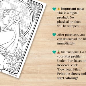 May include: Black and white line art coloring page featuring a woman in an Art Nouveau style, holding a mirror, surrounded by flowers. The text says, "Important note: This is a digital product. Print the sheets and start coloring!"