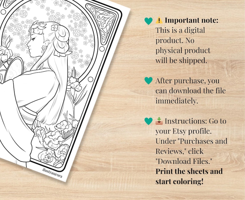 May include: Black and white line art coloring page featuring a woman in an Art Nouveau style, holding a mirror, surrounded by flowers. The text says, "Important note: This is a digital product. Print the sheets and start coloring!"