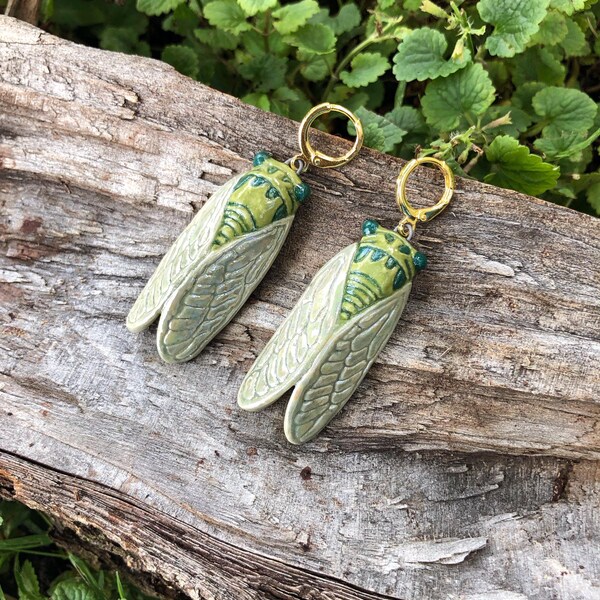 Cicada Earrings, Hand Sculpted Ceramic Earrings, Hand Painted Cicada Jewelry