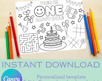 May include: A black and white coloring page with the text "THEO IS ONE HAPPY DUDE" and various illustrations, including a cake, balloons, and a maze. Colored pencils in green, orange, red, blue, and yellow are arranged around the page.
