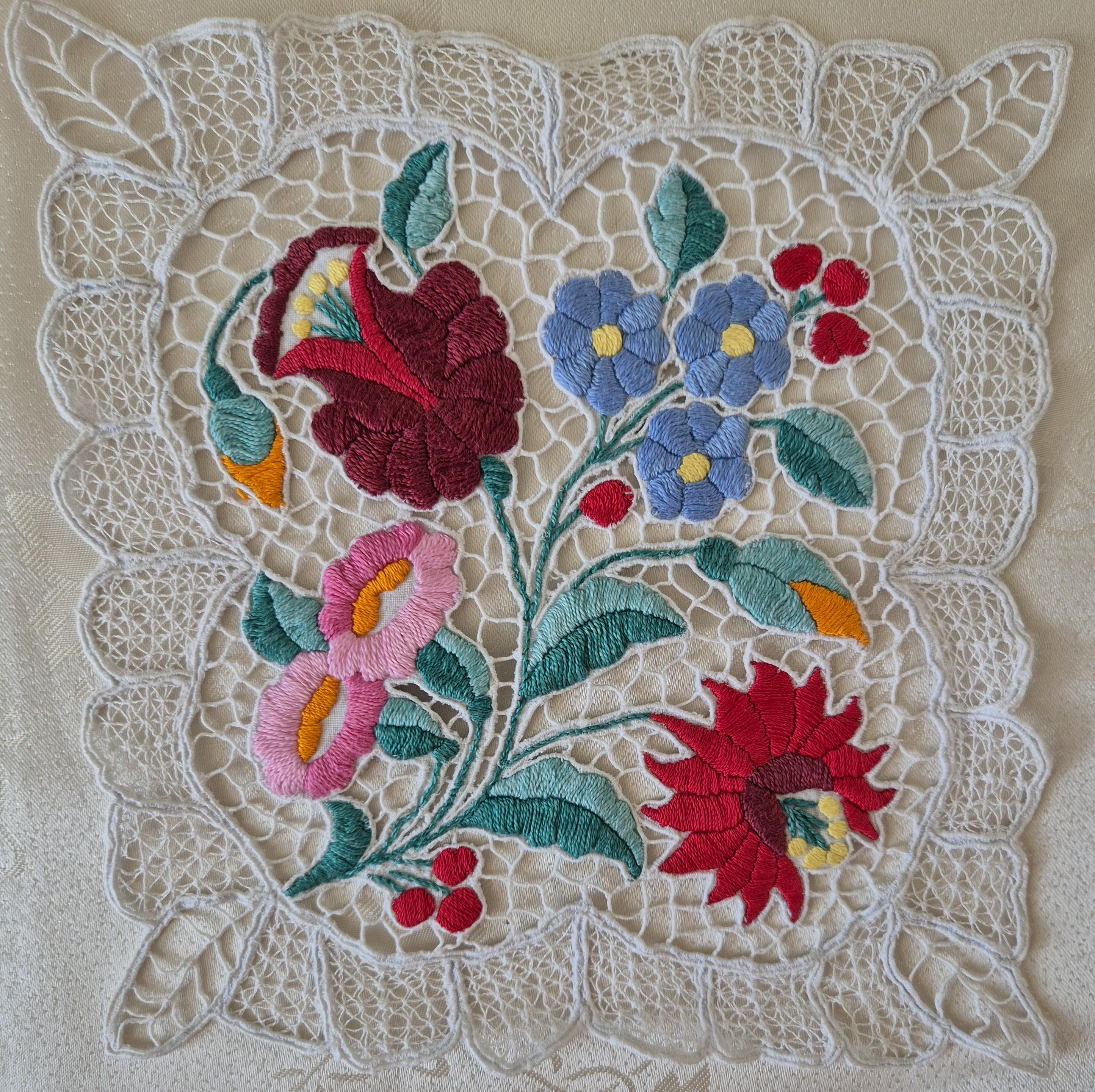 Hungarian Kalocsa Richelieu Tablecloth Hand Embroidered Home