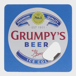 May include: A blue square drinks coaster with a circular design. The design features the words "GRUMPY'S BEER" in red and blue, with "ICE COLD" at the bottom. A bottle opener is integrated into the design.