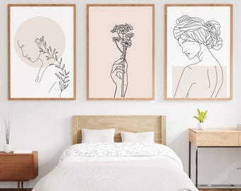 Abstract Line Art Prints, Boho Woman Flowers Set (Digital Download)