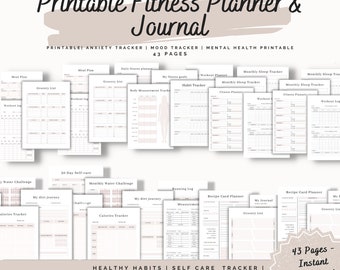 Afdrukbare fitnessplanner en dagboek, gewoontetracker, trainingslogboek, gezondheidsdoeltracker, digitale fitnesssjabloon, pdf sportschoolplanner