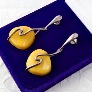 Sterling silver yellow amber earrings, Handmade dangle ball earrings, Natural Baltic amber earrings