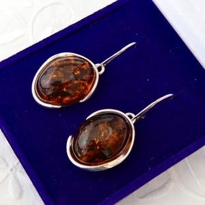 Sterling silver amber earrings, Dangle oval earrings natural Baltic amber, Vintage silver earrings of cognac amber
