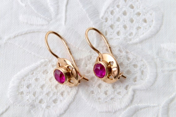 Soviet gold earrings with ruby, Red ruby earrings… - image 5