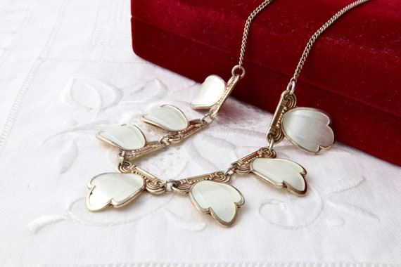 Sterling silver necklace with white guilloche ena… - image 1