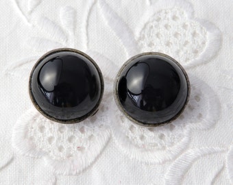 Sterling silver clip earrings with black agate,  Minimalist earrings, Round black earrings