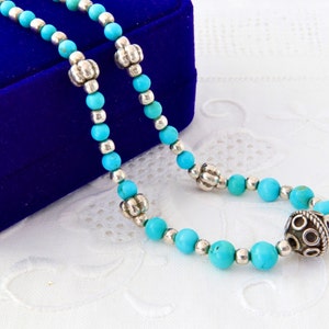 Sterling silver necklace with turquoise, Blue beads necklace, Vintage necklace with turquoise and silver beads
