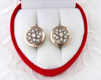 Silver disc earrings, Sterling silver earrings with gold plating, Round earrings with white rhinestones, Vintage silver earrings