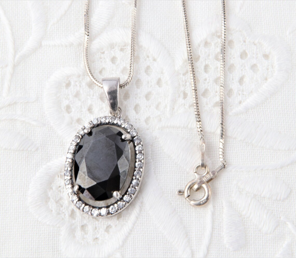 Black Cubic Zirconia Silver Necklace with Black Stone Chain Etsy