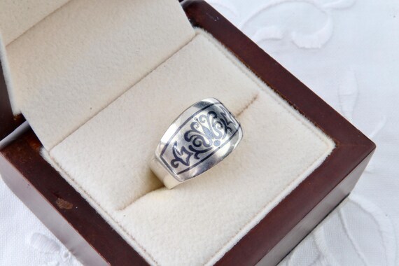 Solid stripe sterling silver ring, Black floral p… - image 3