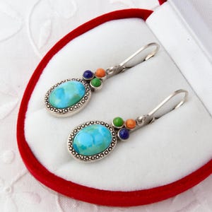 Blue turquoise sterling silver earrings, Oval dangling earrings, Vintage silver drop earrings of natural turquoise
