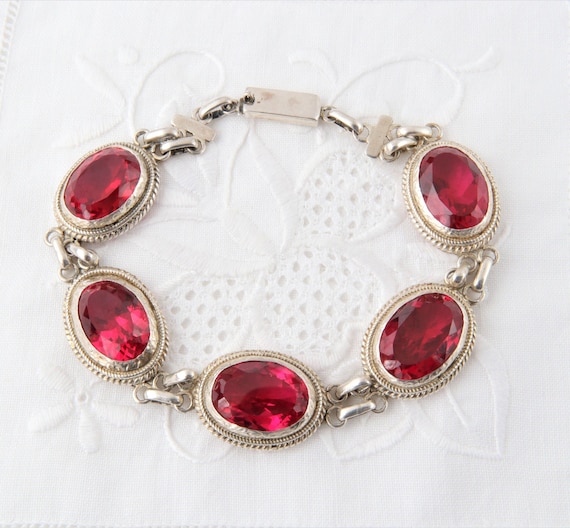 Sterling silver ruby bracelet, Large oval links b… - image 4