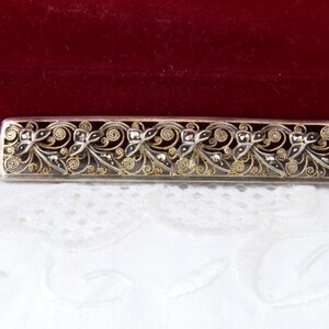 Vintage 835 silver brooch with gold plating, Floral filigree brooch, Silver bar brooch with marcasites