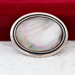 Vintage mother of pearl sterling silver brooch, Minimalist oval brooch