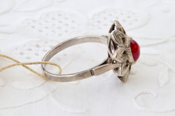 Soviet ruby ring, Sterling silver flower ring wit… - image 7