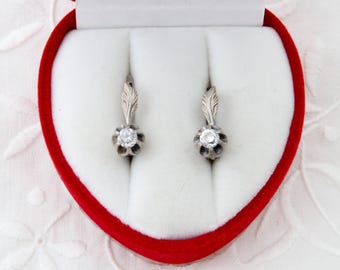Orecchini sovietici in argento sterling con strass bianchi, piccoli orecchini a forma di fiore con foglie, orecchini vintage in argento per ragazze