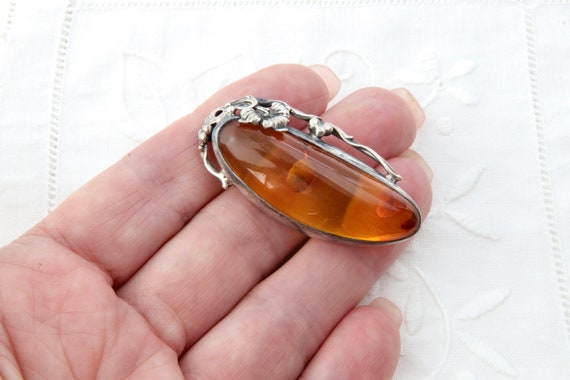 Large sterling silver brooch with amber, Oval bro… - image 2
