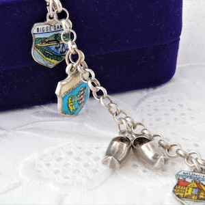 Sterling silver bracelet with enamel pendants with city names, Vintage silver city shields charm bracelet