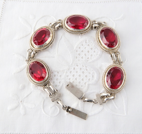 Sterling silver ruby bracelet, Large oval links b… - image 2