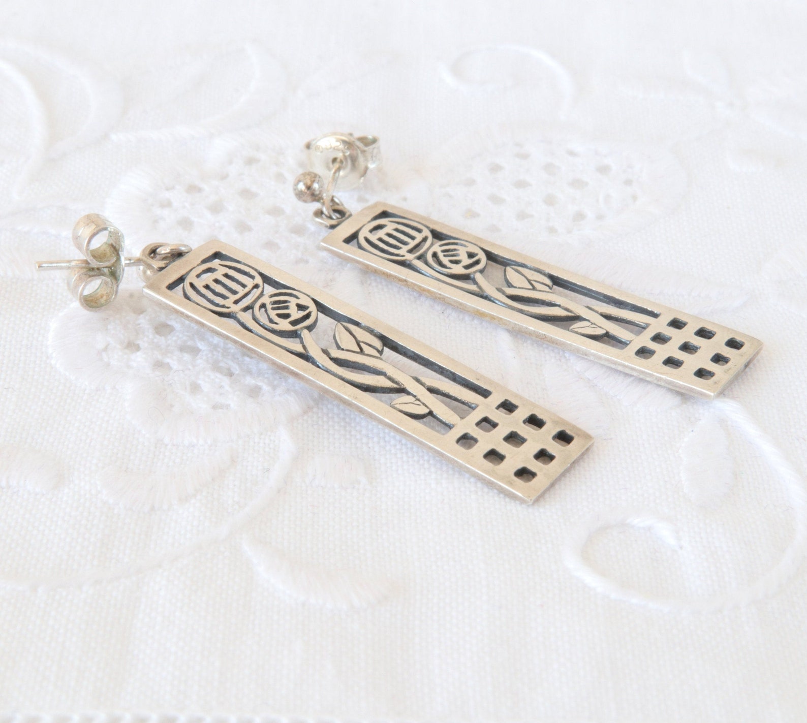 Floral Sterling Ohrringe lange rechteckige Ohrringe | Etsy