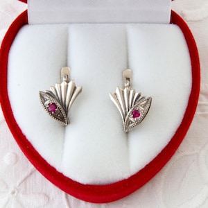 Vintage Soviet Sterling Silver Ruby Earrings, Small Abstract Earrings