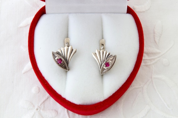 Vintage Soviet sterling silver red ruby earrings,… - image 1