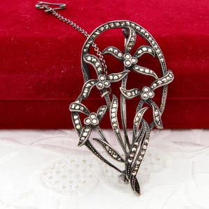 Floral sterling silver brooch, Marcasite brooch, Antique silver flowers brooch