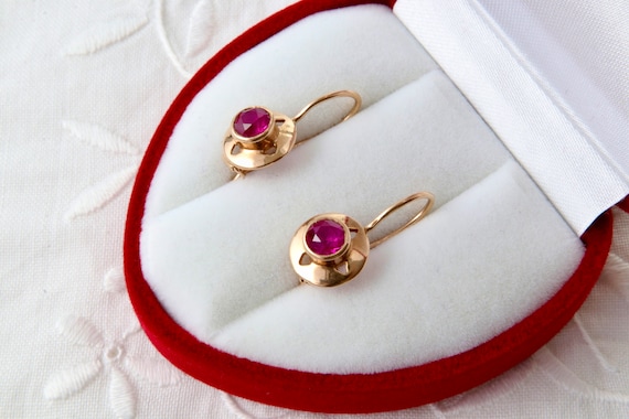 Soviet gold earrings with ruby, Red ruby earrings… - image 2